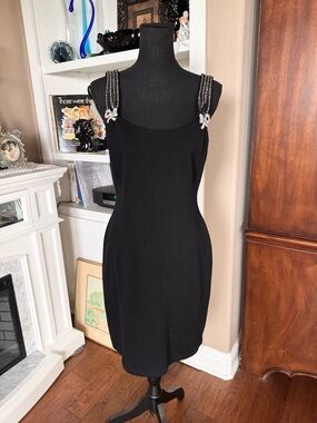 St John Rhinestone Sleeveless Black Knit Dress